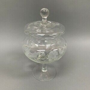 Clear Glass Candy Dish Cotton Balls with Lid Floral 10 inches Tall